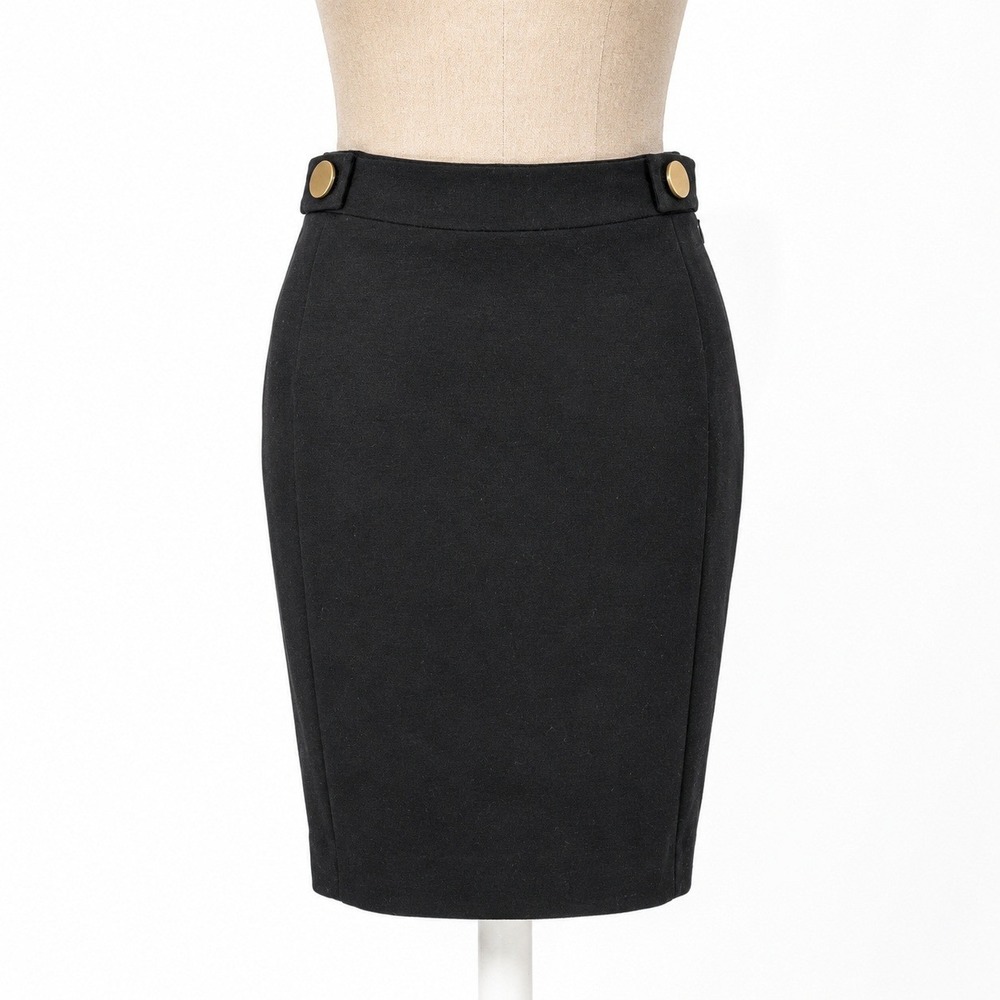 Diane von Furstenberg Silk Gold Button Pencil Skirt‎ Sz 4 Black Old Money Luxury
